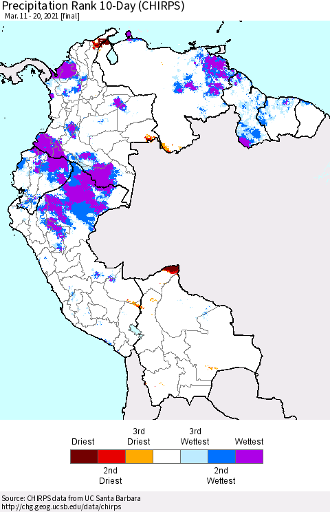 Northern South America Precipitation Rank since 1981, 10-Day (CHIRPS) Thematic Map For 3/11/2021 - 3/20/2021