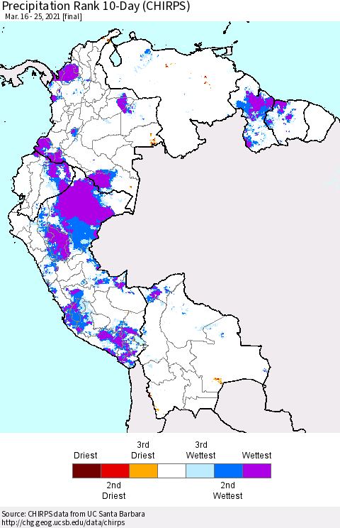 Northern South America Precipitation Rank 10-Day (CHIRPS) Thematic Map For 3/16/2021 - 3/25/2021