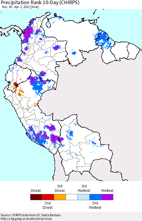 Northern South America Precipitation Rank 10-Day (CHIRPS) Thematic Map For 3/26/2021 - 4/5/2021