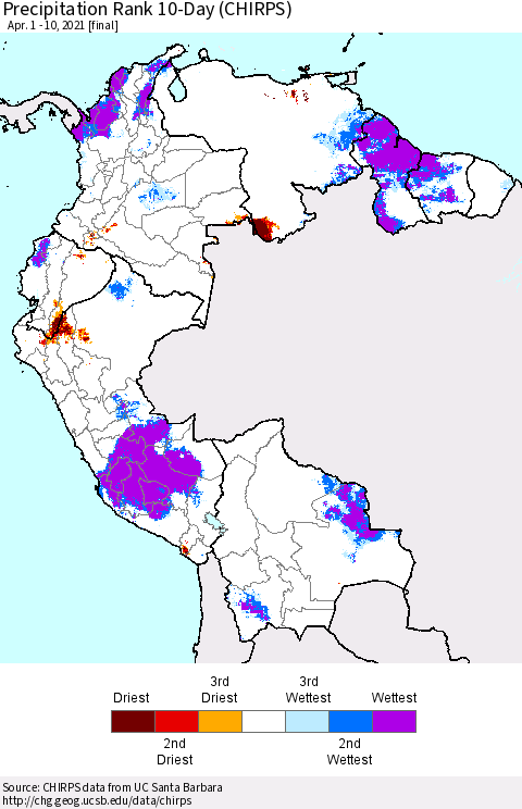 Northern South America Precipitation Rank 10-Day (CHIRPS) Thematic Map For 4/1/2021 - 4/10/2021