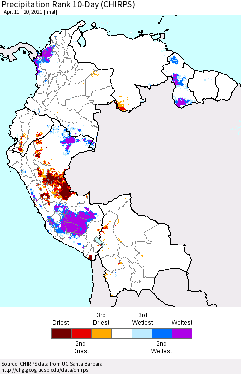 Northern South America Precipitation Rank 10-Day (CHIRPS) Thematic Map For 4/11/2021 - 4/20/2021