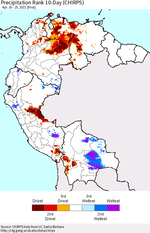 Northern South America Precipitation Rank 10-Day (CHIRPS) Thematic Map For 4/16/2021 - 4/25/2021