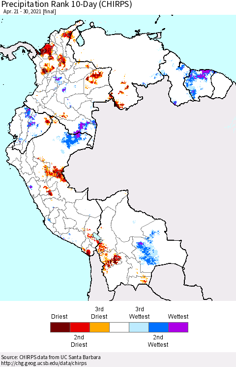 Northern South America Precipitation Rank since 1981, 10-Day (CHIRPS) Thematic Map For 4/21/2021 - 4/30/2021