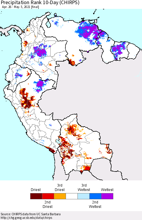 Northern South America Precipitation Rank since 1981, 10-Day (CHIRPS) Thematic Map For 4/26/2021 - 5/5/2021