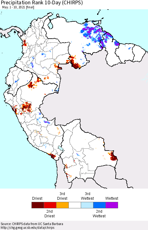Northern South America Precipitation Rank 10-Day (CHIRPS) Thematic Map For 5/1/2021 - 5/10/2021
