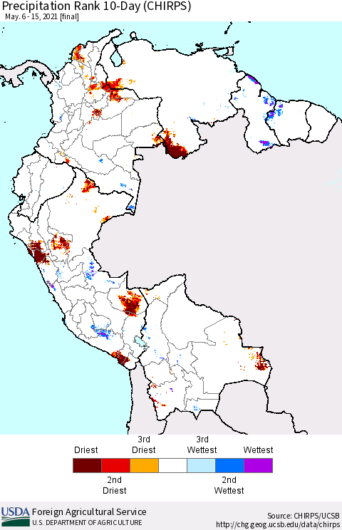 Northern South America Precipitation Rank since 1981, 10-Day (CHIRPS) Thematic Map For 5/6/2021 - 5/15/2021