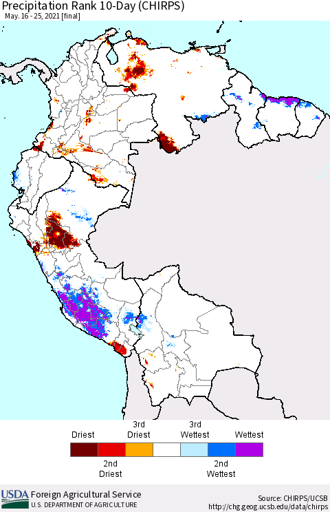 Northern South America Precipitation Rank 10-Day (CHIRPS) Thematic Map For 5/16/2021 - 5/25/2021