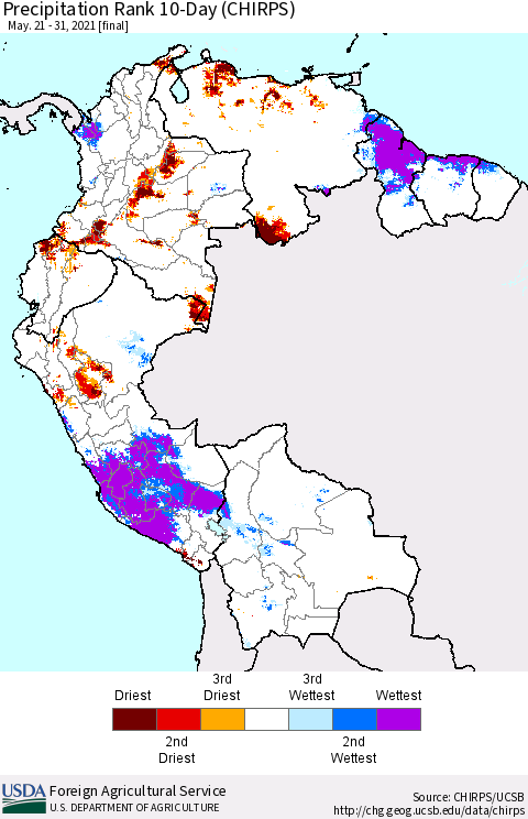 Northern South America Precipitation Rank since 1981, 10-Day (CHIRPS) Thematic Map For 5/21/2021 - 5/31/2021