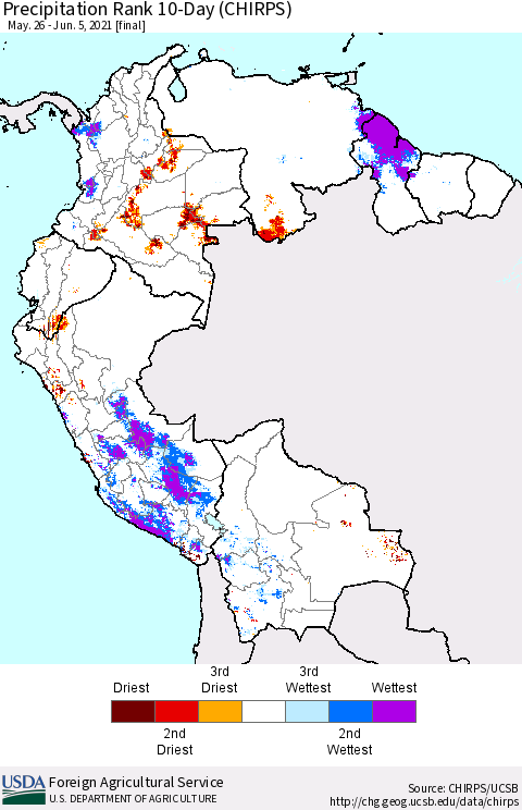 Northern South America Precipitation Rank 10-Day (CHIRPS) Thematic Map For 5/26/2021 - 6/5/2021