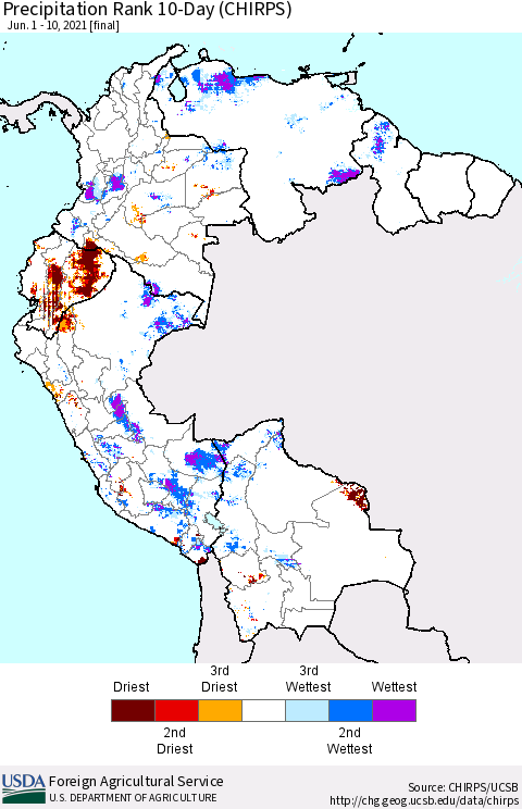 Northern South America Precipitation Rank 10-Day (CHIRPS) Thematic Map For 6/1/2021 - 6/10/2021