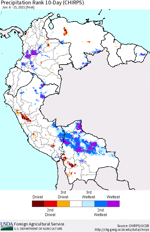 Northern South America Precipitation Rank since 1981, 10-Day (CHIRPS) Thematic Map For 6/6/2021 - 6/15/2021