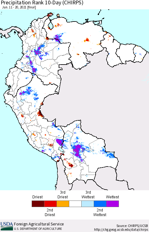 Northern South America Precipitation Rank 10-Day (CHIRPS) Thematic Map For 6/11/2021 - 6/20/2021