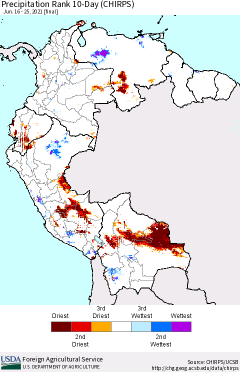 Northern South America Precipitation Rank 10-Day (CHIRPS) Thematic Map For 6/16/2021 - 6/25/2021