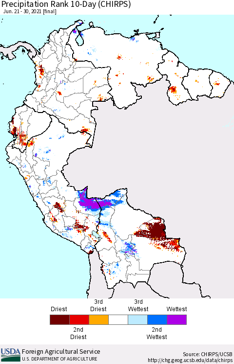 Northern South America Precipitation Rank 10-Day (CHIRPS) Thematic Map For 6/21/2021 - 6/30/2021