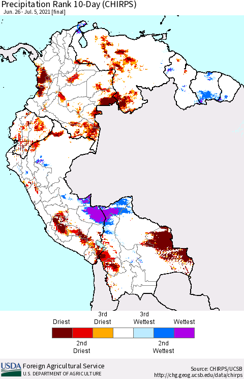 Northern South America Precipitation Rank 10-Day (CHIRPS) Thematic Map For 6/26/2021 - 7/5/2021