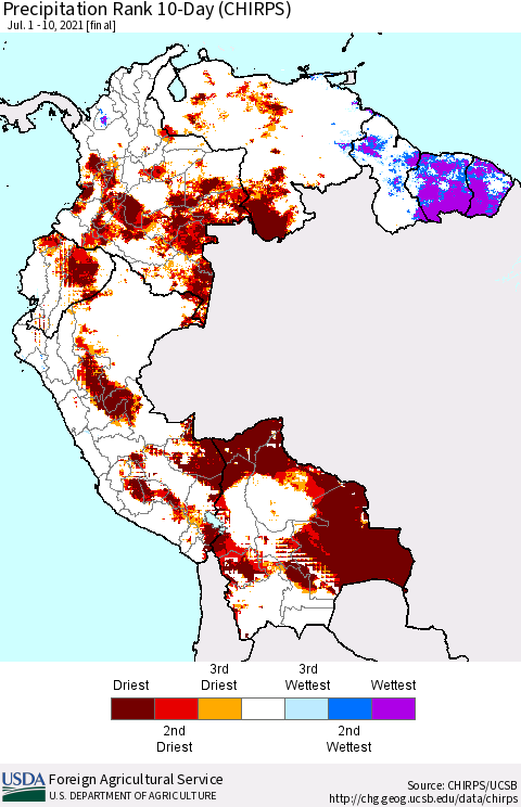 Northern South America Precipitation Rank 10-Day (CHIRPS) Thematic Map For 7/1/2021 - 7/10/2021