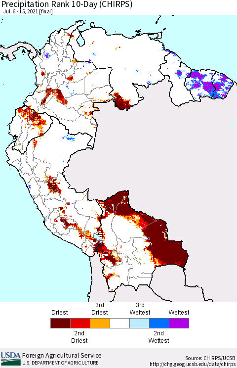 Northern South America Precipitation Rank 10-Day (CHIRPS) Thematic Map For 7/6/2021 - 7/15/2021