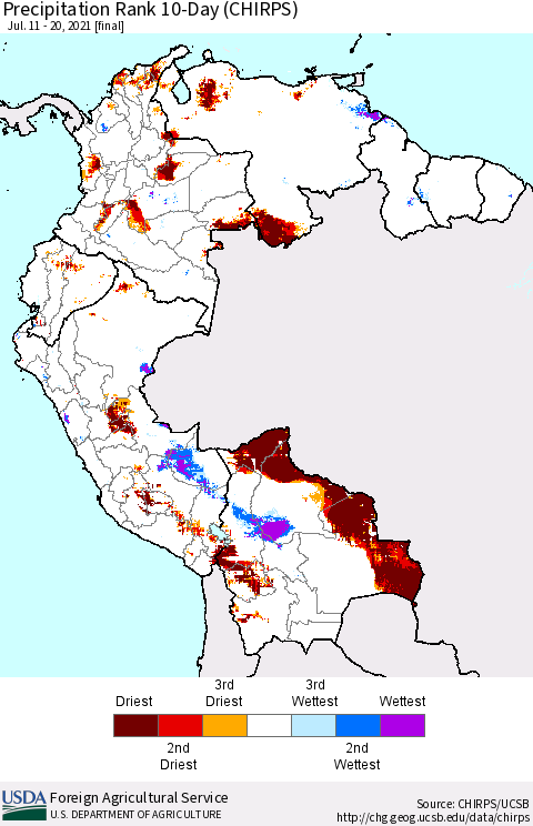 Northern South America Precipitation Rank since 1981, 10-Day (CHIRPS) Thematic Map For 7/11/2021 - 7/20/2021