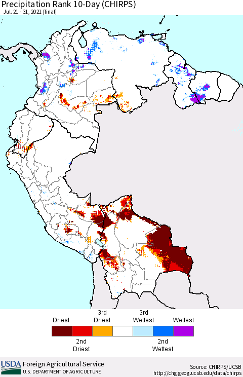 Northern South America Precipitation Rank 10-Day (CHIRPS) Thematic Map For 7/21/2021 - 7/31/2021