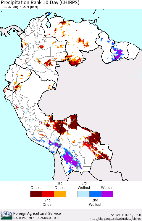Northern South America Precipitation Rank 10-Day (CHIRPS) Thematic Map For 7/26/2021 - 8/5/2021