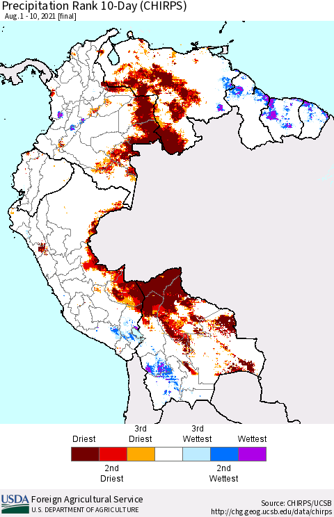 Northern South America Precipitation Rank 10-Day (CHIRPS) Thematic Map For 8/1/2021 - 8/10/2021