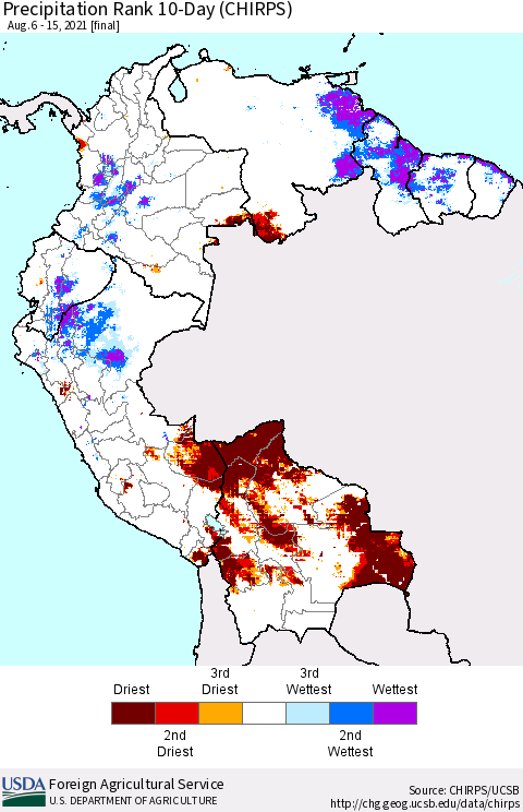 Northern South America Precipitation Rank since 1981, 10-Day (CHIRPS) Thematic Map For 8/6/2021 - 8/15/2021