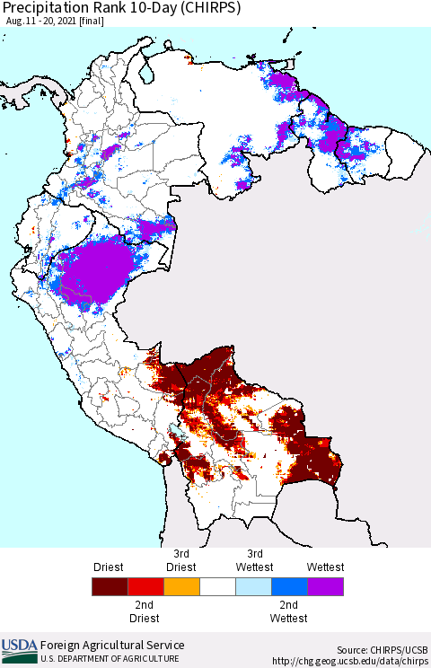 Northern South America Precipitation Rank 10-Day (CHIRPS) Thematic Map For 8/11/2021 - 8/20/2021