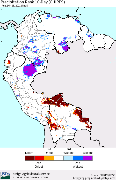Northern South America Precipitation Rank since 1981, 10-Day (CHIRPS) Thematic Map For 8/16/2021 - 8/25/2021