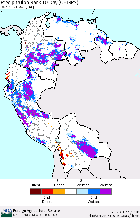 Northern South America Precipitation Rank 10-Day (CHIRPS) Thematic Map For 8/21/2021 - 8/31/2021