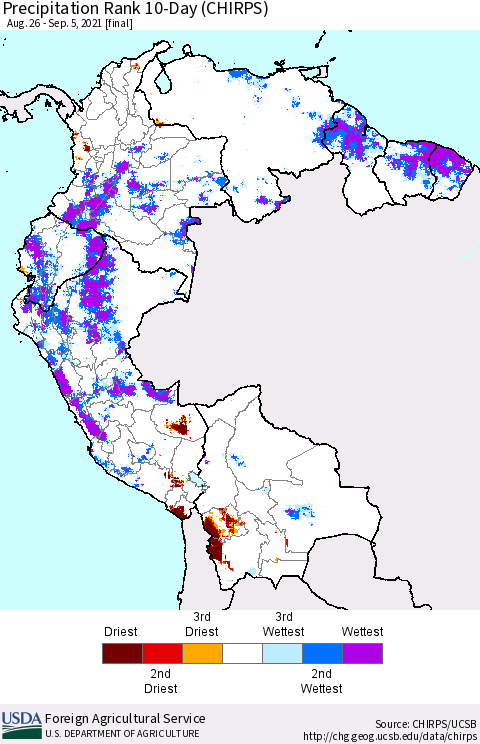 Northern South America Precipitation Rank 10-Day (CHIRPS) Thematic Map For 8/26/2021 - 9/5/2021