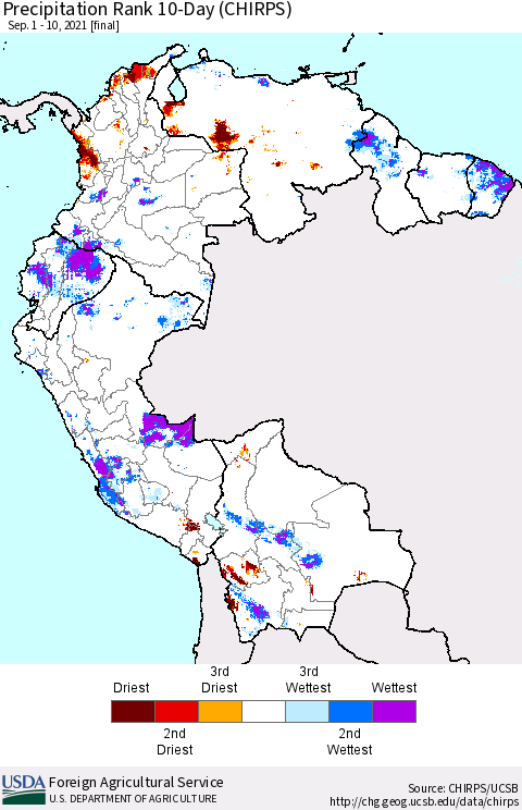 Northern South America Precipitation Rank 10-Day (CHIRPS) Thematic Map For 9/1/2021 - 9/10/2021