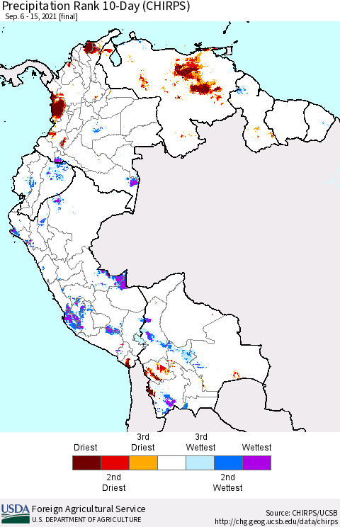 Northern South America Precipitation Rank 10-Day (CHIRPS) Thematic Map For 9/6/2021 - 9/15/2021