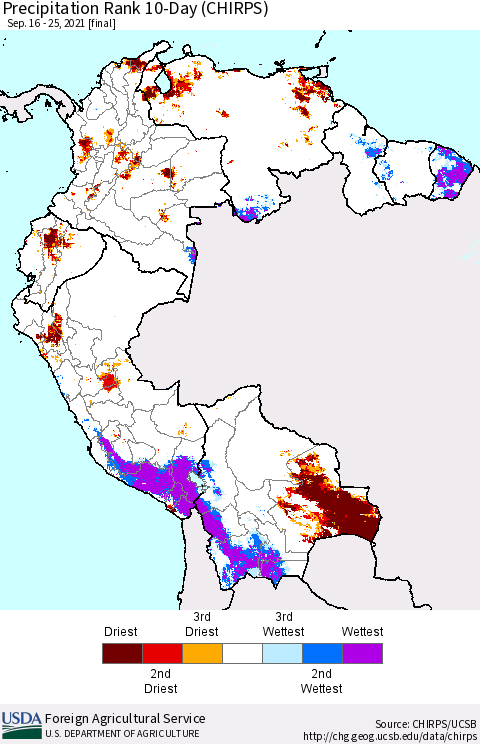 Northern South America Precipitation Rank since 1981, 10-Day (CHIRPS) Thematic Map For 9/16/2021 - 9/25/2021