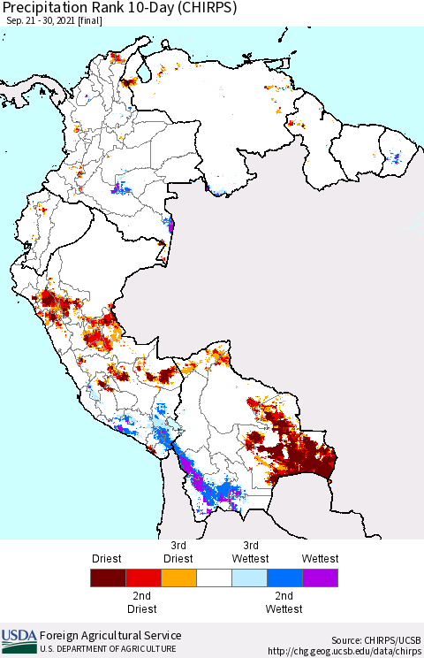 Northern South America Precipitation Rank 10-Day (CHIRPS) Thematic Map For 9/21/2021 - 9/30/2021