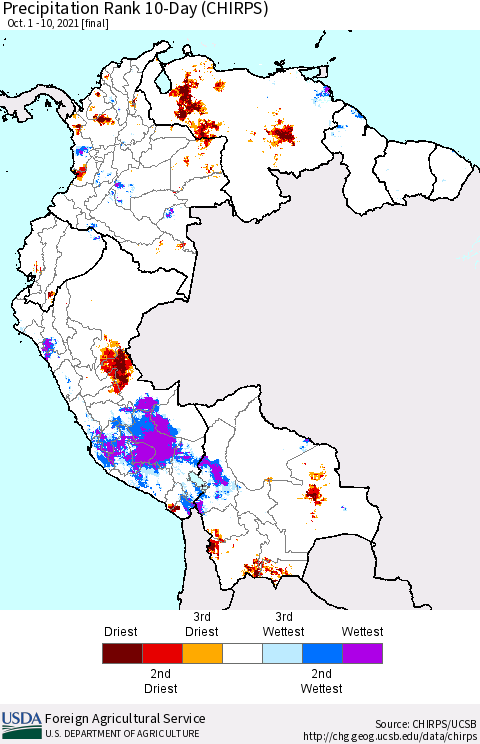 Northern South America Precipitation Rank 10-Day (CHIRPS) Thematic Map For 10/1/2021 - 10/10/2021