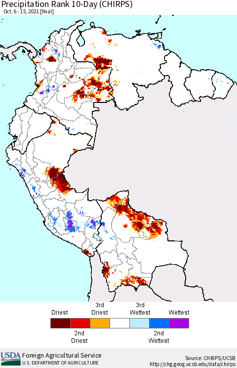 Northern South America Precipitation Rank 10-Day (CHIRPS) Thematic Map For 10/6/2021 - 10/15/2021