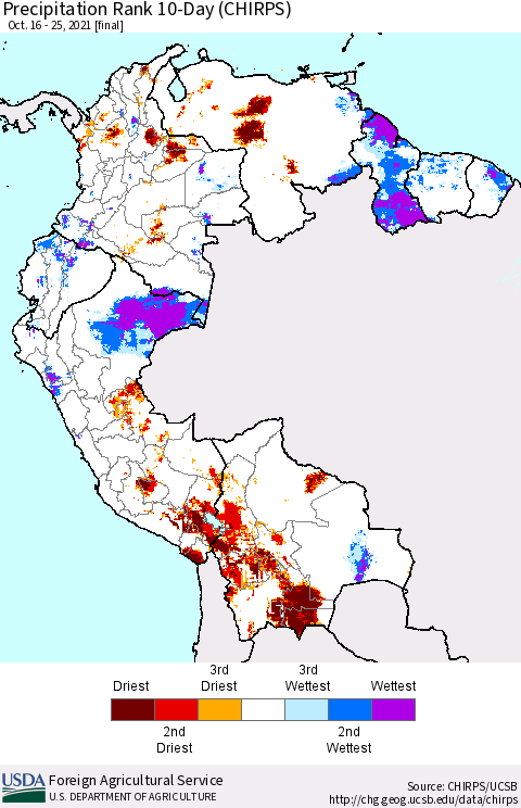 Northern South America Precipitation Rank 10-Day (CHIRPS) Thematic Map For 10/16/2021 - 10/25/2021