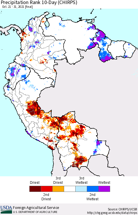 Northern South America Precipitation Rank since 1981, 10-Day (CHIRPS) Thematic Map For 10/21/2021 - 10/31/2021
