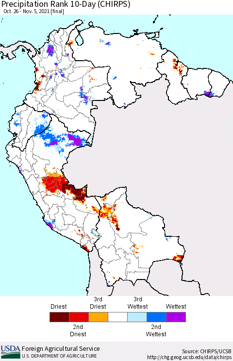 Northern South America Precipitation Rank 10-Day (CHIRPS) Thematic Map For 10/26/2021 - 11/5/2021