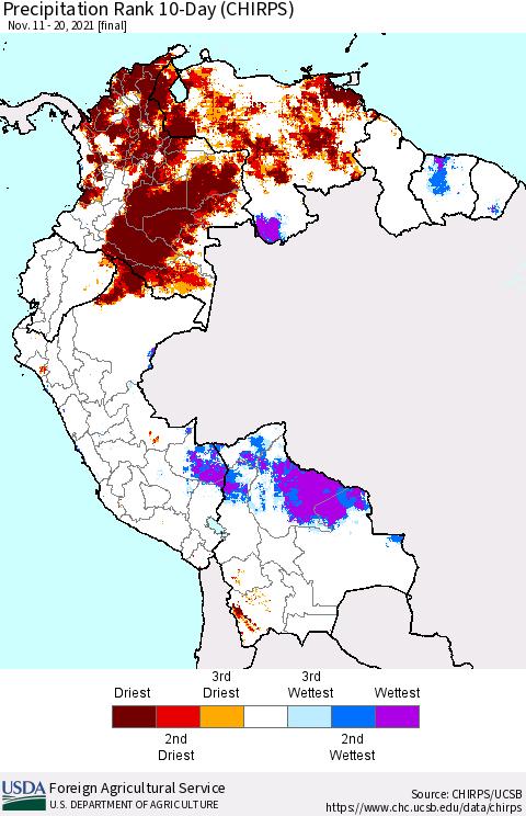 Northern South America Precipitation Rank 10-Day (CHIRPS) Thematic Map For 11/11/2021 - 11/20/2021