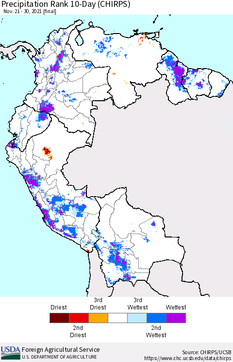 Northern South America Precipitation Rank 10-Day (CHIRPS) Thematic Map For 11/21/2021 - 11/30/2021