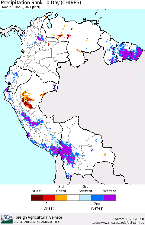 Northern South America Precipitation Rank 10-Day (CHIRPS) Thematic Map For 11/26/2021 - 12/5/2021