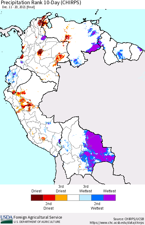 Northern South America Precipitation Rank 10-Day (CHIRPS) Thematic Map For 12/11/2021 - 12/20/2021