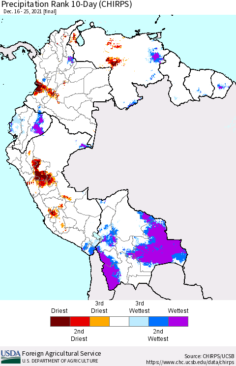 Northern South America Precipitation Rank 10-Day (CHIRPS) Thematic Map For 12/16/2021 - 12/25/2021