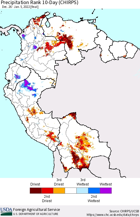 Northern South America Precipitation Rank 10-Day (CHIRPS) Thematic Map For 12/26/2021 - 1/5/2022