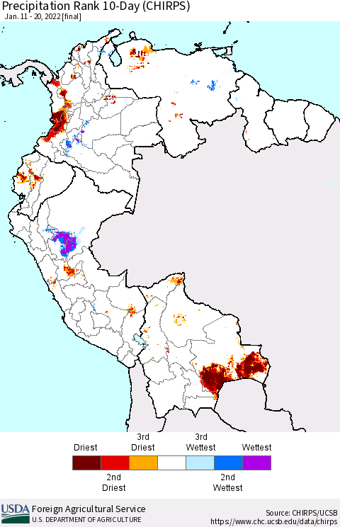 Northern South America Precipitation Rank 10-Day (CHIRPS) Thematic Map For 1/11/2022 - 1/20/2022