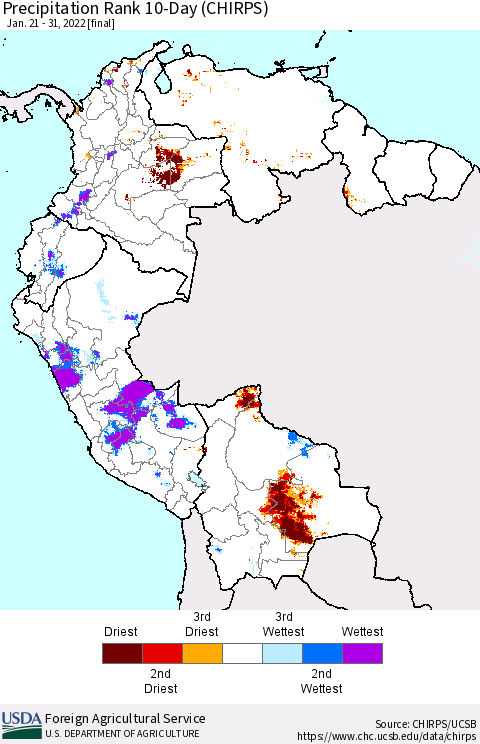 Northern South America Precipitation Rank since 1981, 10-Day (CHIRPS) Thematic Map For 1/21/2022 - 1/31/2022