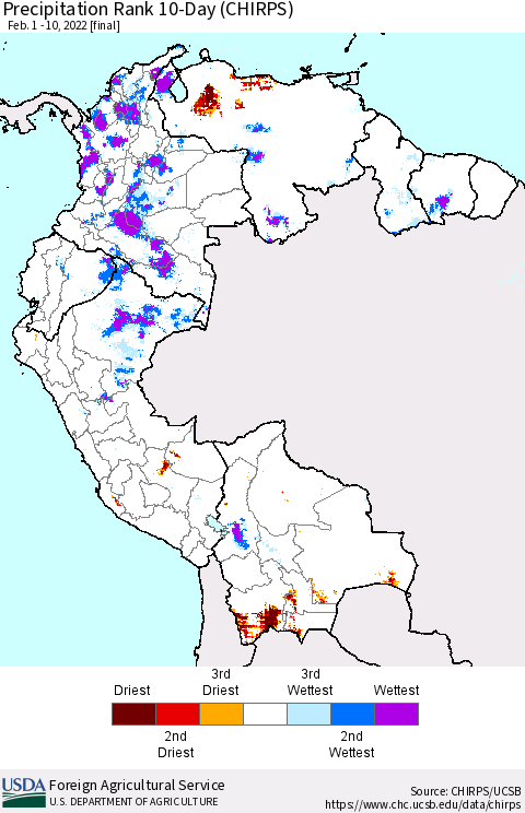 Northern South America Precipitation Rank 10-Day (CHIRPS) Thematic Map For 2/1/2022 - 2/10/2022