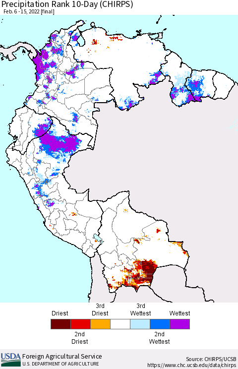 Northern South America Precipitation Rank since 1981, 10-Day (CHIRPS) Thematic Map For 2/6/2022 - 2/15/2022