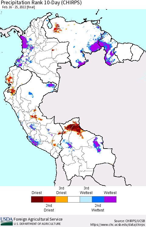 Northern South America Precipitation Rank 10-Day (CHIRPS) Thematic Map For 2/16/2022 - 2/25/2022